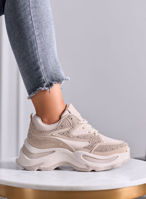 GIULIA - Sneakers beige con strass e suola chunky