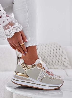 LUCIA - Sneakers beige con dettagli glitter oro