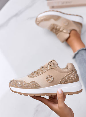 TINA - Sneakers platform beige e fango con strass