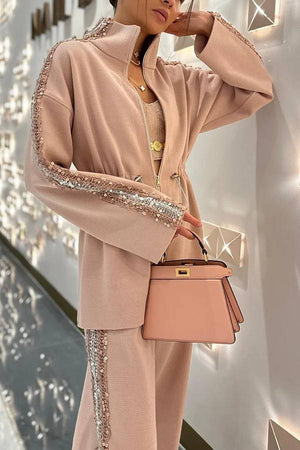 LETINO - Completo 2 pezzi in maglia testurizzata con paillettes, bianco e rosa
