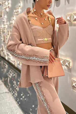 LETINO - Completo 2 pezzi in maglia testurizzata con paillettes, bianco e rosa