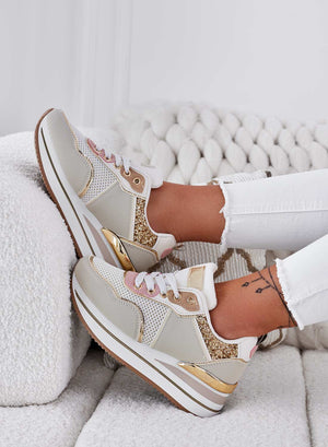 LUCIA - Sneakers beige con dettagli glitter oro