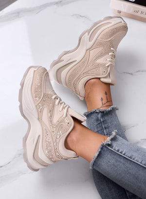 GIULIA - Sneakers beige con strass e suola chunky