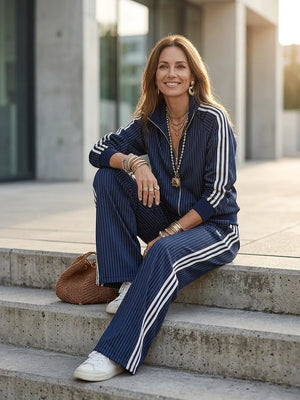 PANDINO - Tuta Blu in Raso Gessato con Giacca Zip e Pantaloni Wide Leg