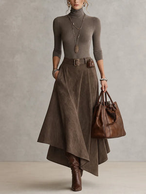 GIOCONDA - Set taupe top alto gonna suede asimmetrica cintura