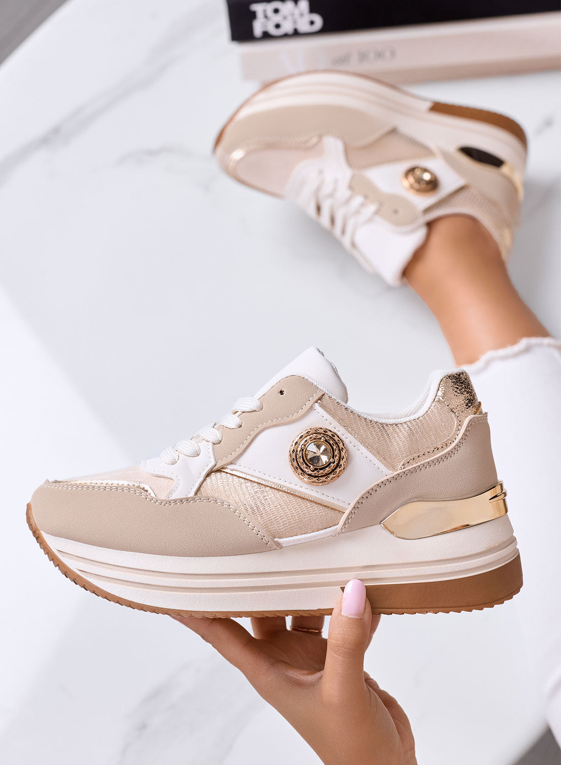 ISABELLA - Sneakers beige platform con oro e dettaglio gioiello