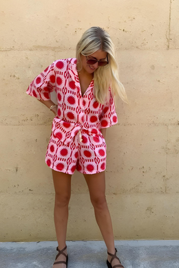 SOFIA - Set camicia e shorts stampati rosa e rosso