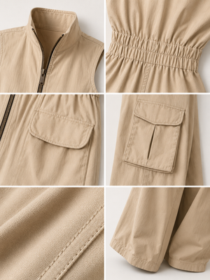 URSULA - Jumpsuit cargo utility beige, nero o marrone
