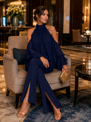 PANNARANO - Completo blu navy in chiffon con volant e pantaloni flare a spacco