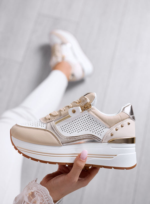 AURORA - Sneakers beige con zip e inserti oro