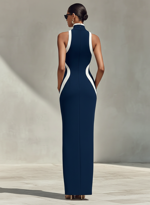 TINA - Abito aderente blu navy e bianco con zip frontale e spacco laterale
