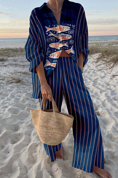 CHIARA - Completo in lino blu con stampa koi