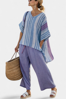 BEATRICE - Completo rigato multicolore in lino lavanda e azzurro cielo