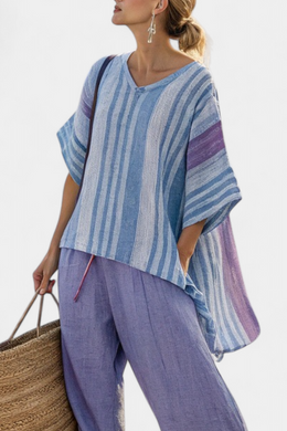 BEATRICE - Completo rigato multicolore in lino lavanda e azzurro cielo