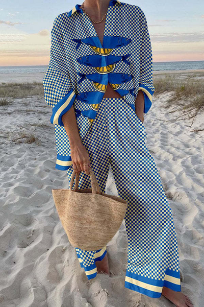 LUCREZIA - Completo letto bianco con stampa sardine e limoni