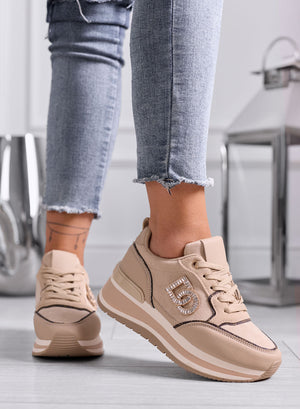 ISABELLA - Sneakers Beige con Zeppa e Dettaglio Gioiello