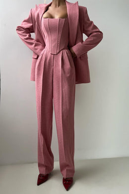 MARTINA - Completo tre pezzi grigio e rosa con blazer doppiopetto