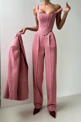 MARTINA - Completo tre pezzi grigio e rosa con blazer doppiopetto