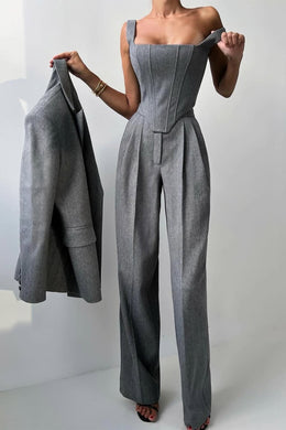 MARTINA - Completo tre pezzi grigio e rosa con blazer doppiopetto