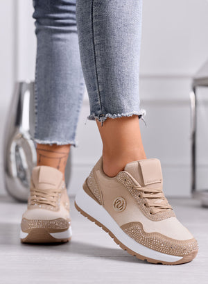 TINA - Sneakers platform beige e fango con strass