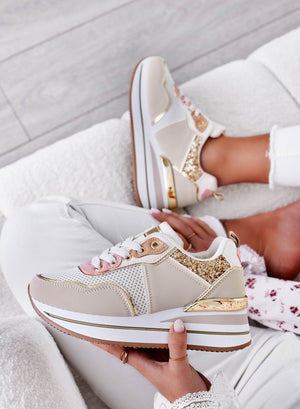 LUCIA - Sneakers beige con dettagli glitter oro