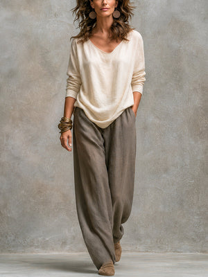 GIULIA - Completo beige-grigio 3 pezzi, cardigan e pantaloni ampi
