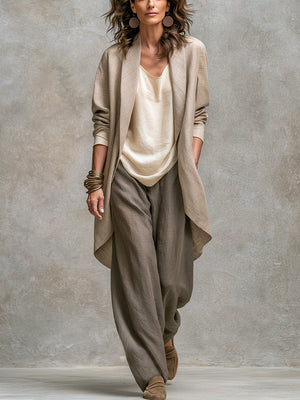 GIULIA - Completo beige-grigio 3 pezzi, cardigan e pantaloni ampi