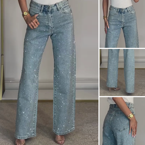 RINA - Jeans straight fit denim con strass blu nero grigio