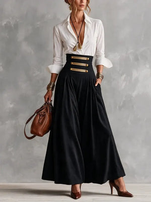 GLENDA - Completo camicia bianca e gonna vita alta con bottoni oro