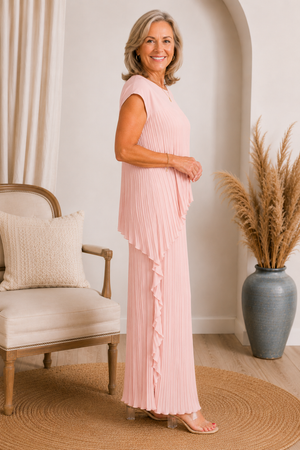 SAVERIA - Completo plissettato con top asimmetrico e pantaloni ampi