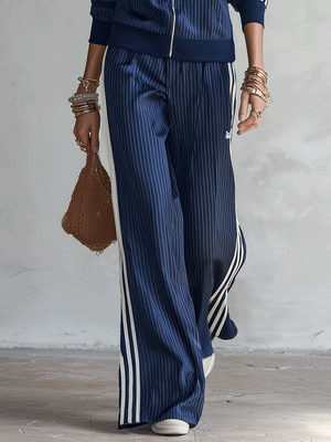 PANDINO - Tuta Blu in Raso Gessato con Giacca Zip e Pantaloni Wide Leg