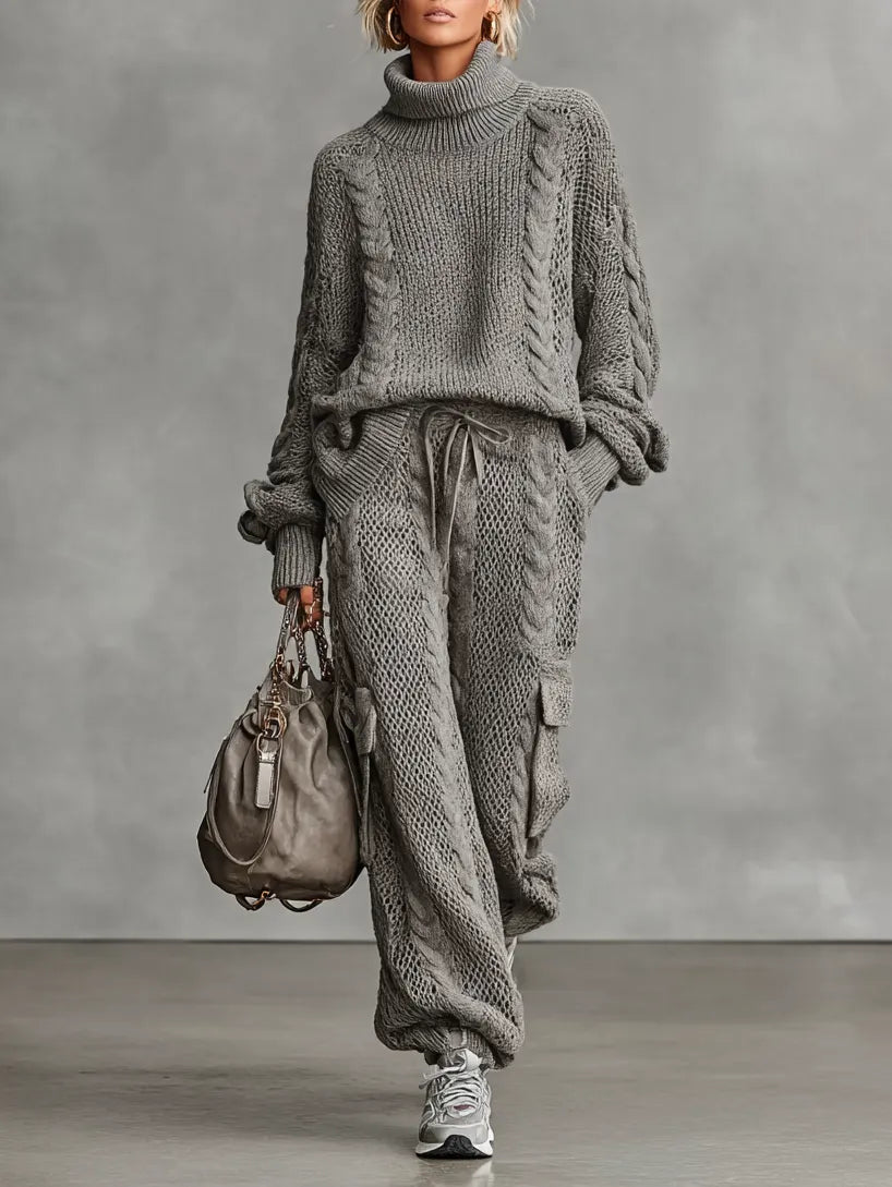 LORENZA - Set maglia dolcevita a trecce e pantaloni cargo casual