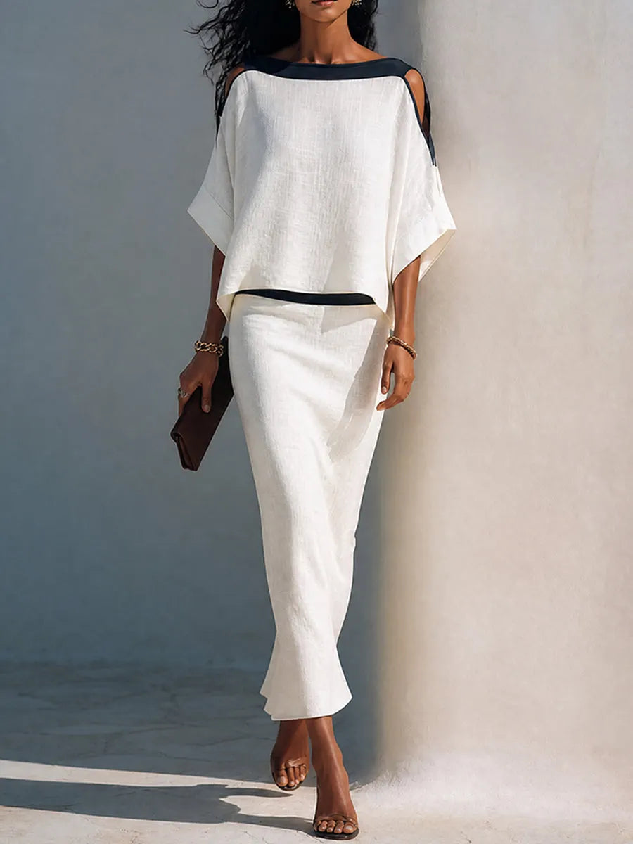 GEMMA - Completo bianco cut-out con top spalle scoperte e gonna a pipistrello