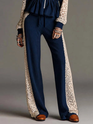 MELLO - Completo blu in maglia a coste, top zip e pantaloni ampi