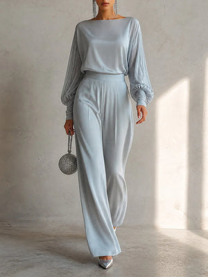 NELLA - Set raso blu polvere top spalle scoperte pantaloni wide leg