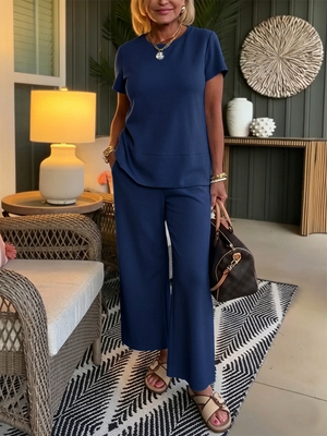 LUDOVICA - Coordinato due pezzi con pantaloni wide leg blu navy