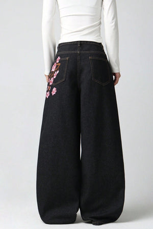 BARBIANO - Jeans Neri Wide Leg con Ricami Vintage Y2K