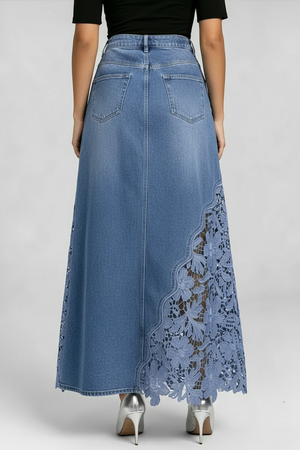 FULVIA - Gonna lunga in denim con ricamo floreale