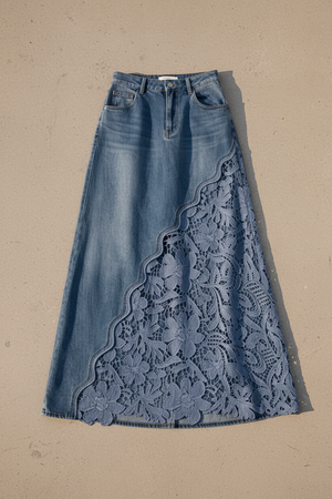 FULVIA - Gonna lunga in denim con ricamo floreale