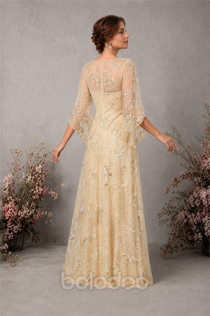 BOLODOO Champagne Sequin Lace Cape Sleeve Formal Evening Gown