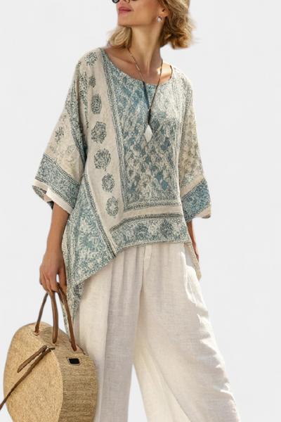 CHIARA - Completo multicolore con blusa stampata e pantaloni bianchi