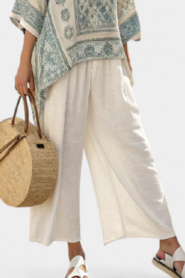 CHIARA - Completo multicolore con blusa stampata e pantaloni bianchi