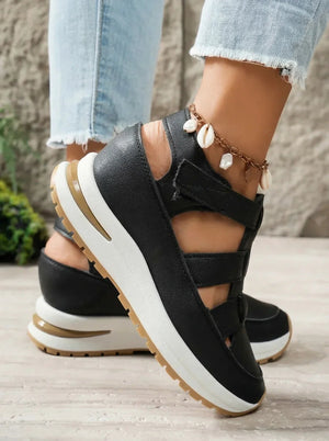 GIULIA - Sandali zeppa in gomma velcro bianco nero oro