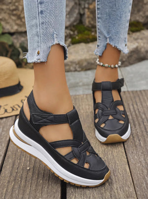 GIULIA - Sandali zeppa in gomma velcro bianco nero oro