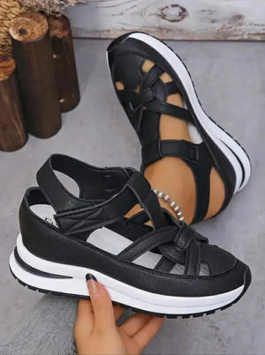 GIULIA - Sandali zeppa in gomma velcro bianco nero oro
