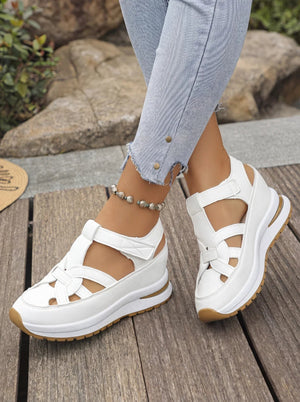GIULIA - Sandali zeppa in gomma velcro bianco nero oro