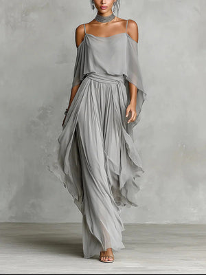 IONE - Completo fluido grigio, top a spalline e pantaloni leggeri