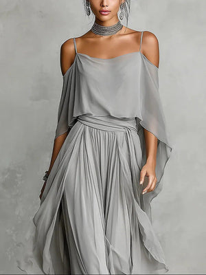 IONE - Completo fluido grigio, top a spalline e pantaloni leggeri