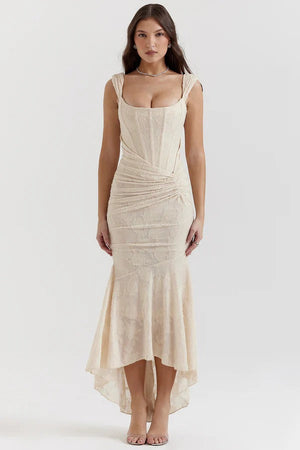 IOLANDA - Abito Maxi Floreale in Rosa, Beige, Nero e Pastello
