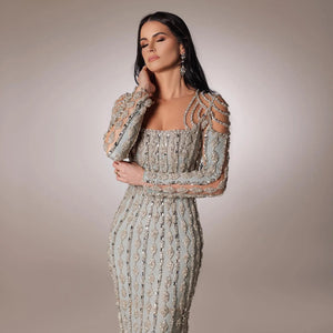 CELESTE - Abito sera sirena Dubai verde salvia maniche lunghe